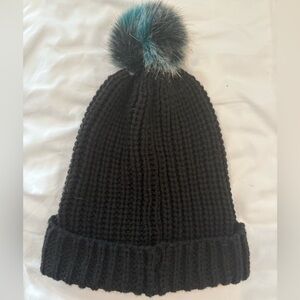 Black Knit Beanie with Fur Pom